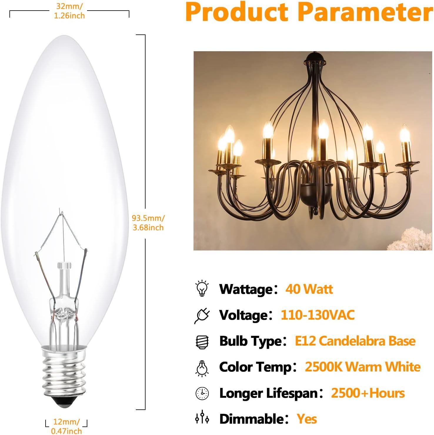 imageBrightever Vintage Incandescent Light Bulbs 40Watt B10 380 Lumens Clear Dimmable E12 Edison Candelabra Lightbulbs Decorative Candle Bulbs for Chandeliers Ceiling Fan 2500K Warm White 12PackTraditional