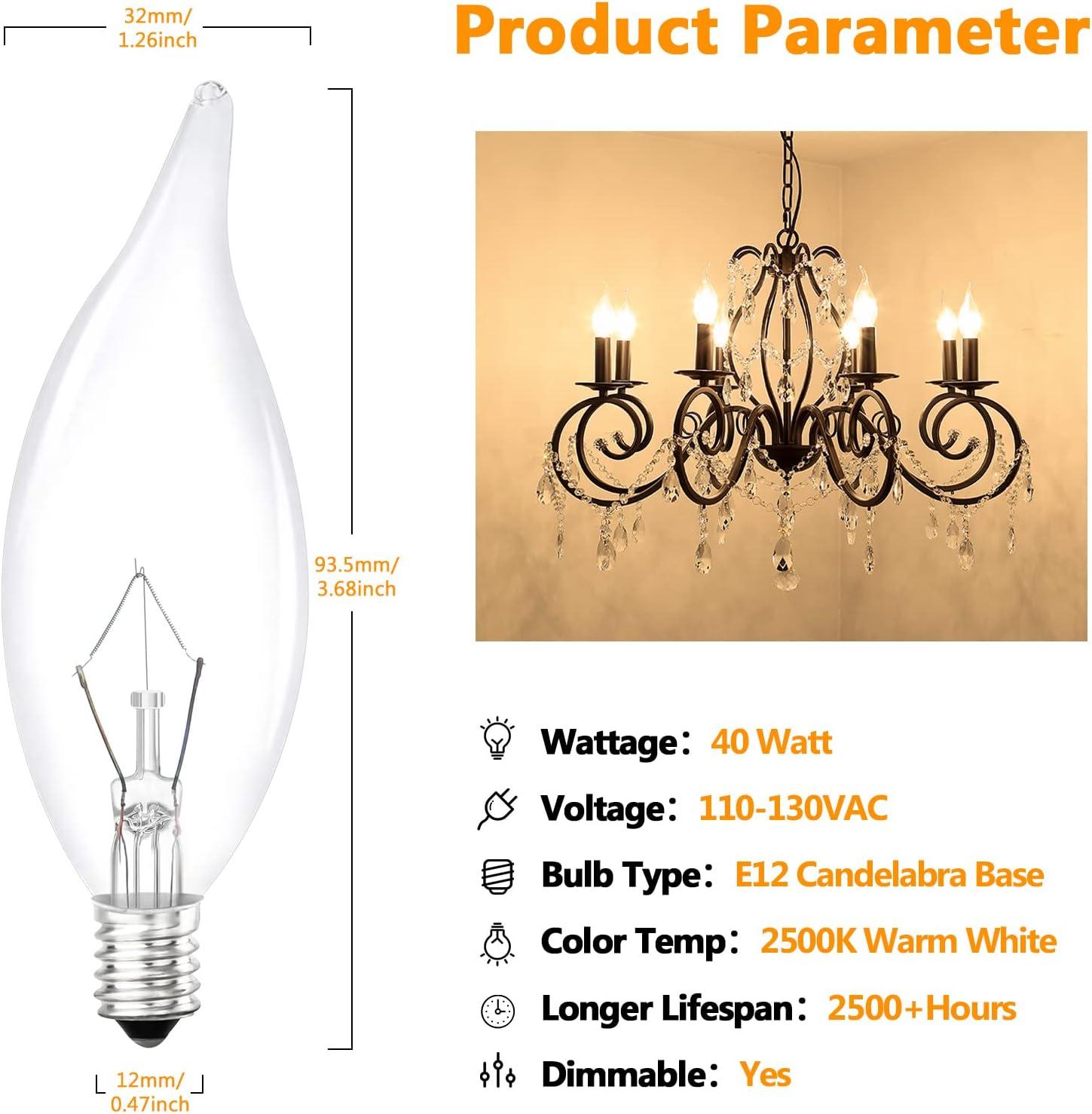 imageBrightever Vintage Incandescent Light Bulbs 40Watt B10 380 Lumens Clear Dimmable E12 Edison Candelabra Lightbulbs Decorative Candle Bulbs for Chandeliers Ceiling Fan 2500K Warm White 12PackAntique