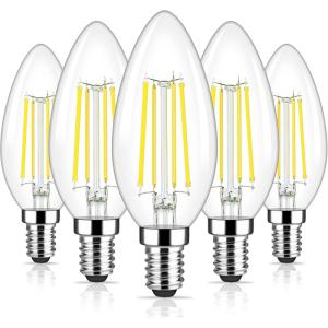 imageE12 LED Candelabra Bulbs 40 Watt Equivalent 4W Vintage Candle Light Bulbs Dimmable 470Lm Warm White 2700K B11 Edison Bulb Filament Clear Glass Lamp Bulb for Chandelier Ceiling Fan 5 Packs60w Daylight White 5000k